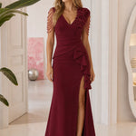 Elegant V-Neck Ruffled Slit Evening Gown with Beaded Floral Detail