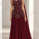 Beaded Corset Asymmetric One-Shoulder Evening Gown with Flowing Chiffon Skirt