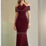 Off-the-Shoulder Pearl Embellished Fringe Hem Maxi Evening Dress