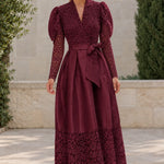Floral Lace Puff Sleeve Belted Satin Maxi Dress