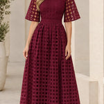 Mock Neck Sheer Grid Overlay Maxi Dress with Flutter Half Sleeves