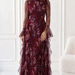 Floral Print Long Sleeve Chiffon Maxi Dress with Cascading Side Ruffles