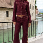 Women's Cropped Denim Jacket and Animal Print Stripe Flare Pants Two-Piece Set