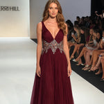 Pleated V-Neck Embellished Floor-Length Evening Gown