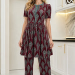 Geometric Velvet Babydoll Tunic and Straight Pants 2-Piece Set