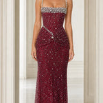 Rhinestone Embellished Ruched Waist Evening Gown with Crystal Neckline