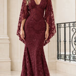 Floral Lace Cape Sleeve Mermaid Evening Gown with Corset Bodice