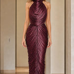 High Neck Pleated Shimmer Backless Maxi Evening Dress