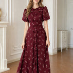 Vintage Floral Bow-Front A-Line Midi Dress with Puff Sleeves