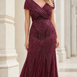 Elegant V-Neck Beaded Evening Gown Formal Maxi Dress