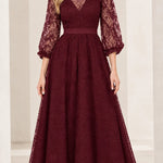Elegant Floral Lace V-Neck A-Line Maxi Dress with 3/4 Sleeves