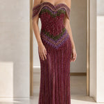 Off-Shoulder Beaded Fringe Long Evening Gown