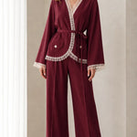 Lace Trim Wrap Blazer and Wide-Leg Pants Two-Piece Suit Set