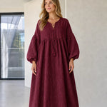 Women's Boho Lace-Up Tassel Maxi Dress Long Balloon Sleeve Textured Caftan