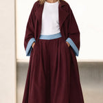 Contrast Trim Duster Coat and Wide-Leg Pleated Pants Two-Piece Set