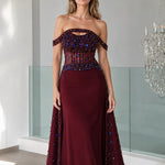 Stunning Off-The-Shoulder Beaded Evening Gown with Sheer Corset Bodice