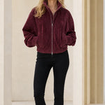 Women's Casual Full-Zip Suede-Look Stand Collar Bomber Jacket
