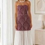 Strapless Embroidered Lace Drop Waist Maxi Dress