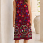 Women's Sleeveless Floral Embroidered Shift Midi Dress