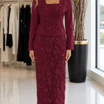 Floral Embroidered Square Neck Jacket & Maxi Skirt Two-Piece Formal Set