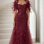 Feather Applique Sequin Embroidered Evening Gown with Tulle Overskirt