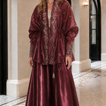 Embroidered Metallic Sheer Overcoat and Wide-Leg Pants Set