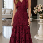 Floral Embroidered Lace Tiered Maxi Dress with Ruffle Sleeves