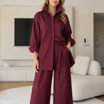 Women's Relaxed Button-Down Shirt and Wide-Leg Trousers Two-Piece Set