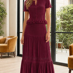 Women's Ribbed Short Sleeve Button Top and Tiered Maxi Skirt Set