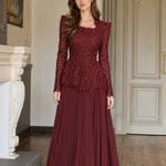 Long Sleeve Lace Peplum Evening Gown with Pleated Maxi Skirt