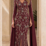 Embellished Cape Sleeve Evening Gown with Front Slit