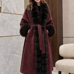 Women's Elegant Faux Fur Trim Belted Long Wool-Blend Overcoat
