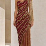 One-Shoulder Beaded Fringe Evening Gown