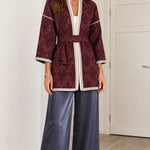 Women's Elegant Jacquard Belted Kimono Cardigan with Tassel Tie