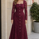 Square Neck Floral Lace Long Sleeve Midi Dress with Crystal Buttons