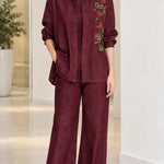 Women's Floral Embroidered Denim Shirt and Wide-Leg Pants Set