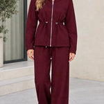 Women's Drawstring Waist Zip-Up Hoodie and Wide Leg Pants Two-Piece Lounge Set