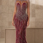 Exquisite Beaded Illusion Feather Evening Gown