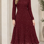 Women's Micro Dot Print Long Sleeve Midi Dress Elegant A-Line Pleated Hem Dress