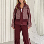 Women's Textured Contrast Zip-Up Jacket and Wide-Leg Pants Two-Piece Set