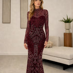 High Neck Sequin Embellished Long Sleeve Formal Maxi Evening Gown