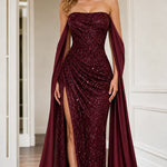 Strapless Sequin Floor-Length Evening Gown with Draped Cape Sleeves and Slit