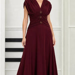 Elegant Ruched Waist V-Neck Midi Dress with Embellished Accents