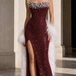 Strapless Embellished Sequin Maxi Evening Gown with Thigh Slit