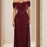 Off-The-Shoulder Beaded Lace Fringe Evening Maxi Dress