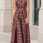 Sleeveless Mandarin Collar Jacquard Maxi Jumpsuit with Slit Overlay