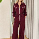 Women's Contrast Piping Zip-Front Wide-Leg Jumpsuit with Drawstring Waist
