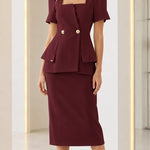Square Neck Peplum Top and Midi Pencil Skirt Two-Piece Set