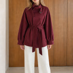 Women's High Neck Belted Short Trench Jacket with Lantern Sleeves