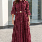 Floral Lace Button-Down Shirt Midi Dress with Ornate Buckle Belt